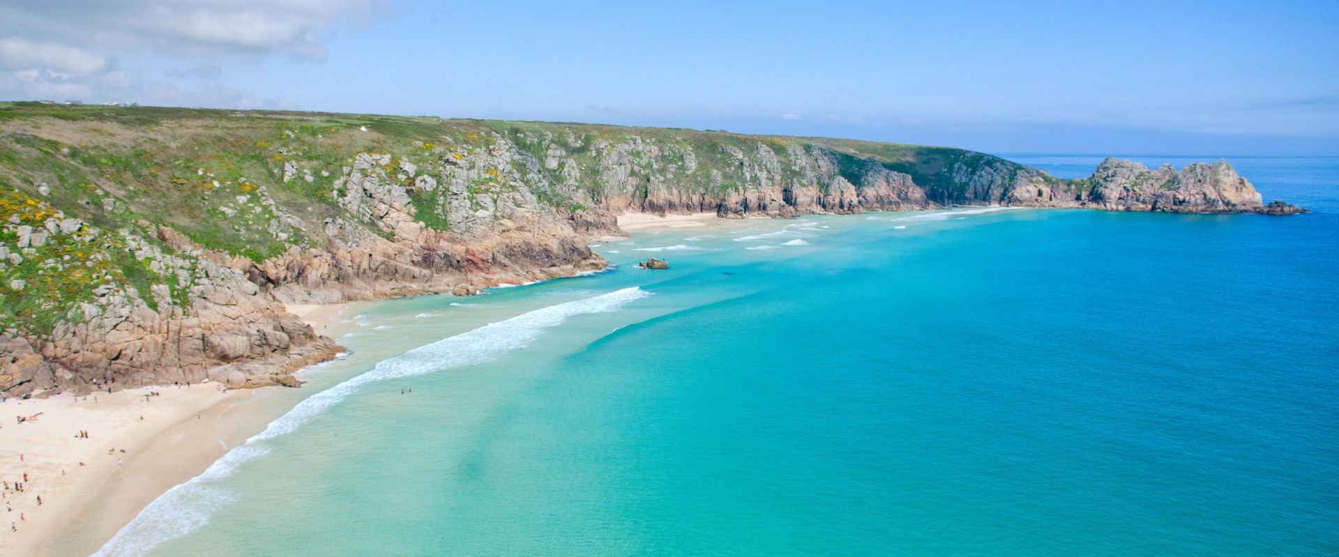 The view of Porthcurno Beach from the Minack Theatre