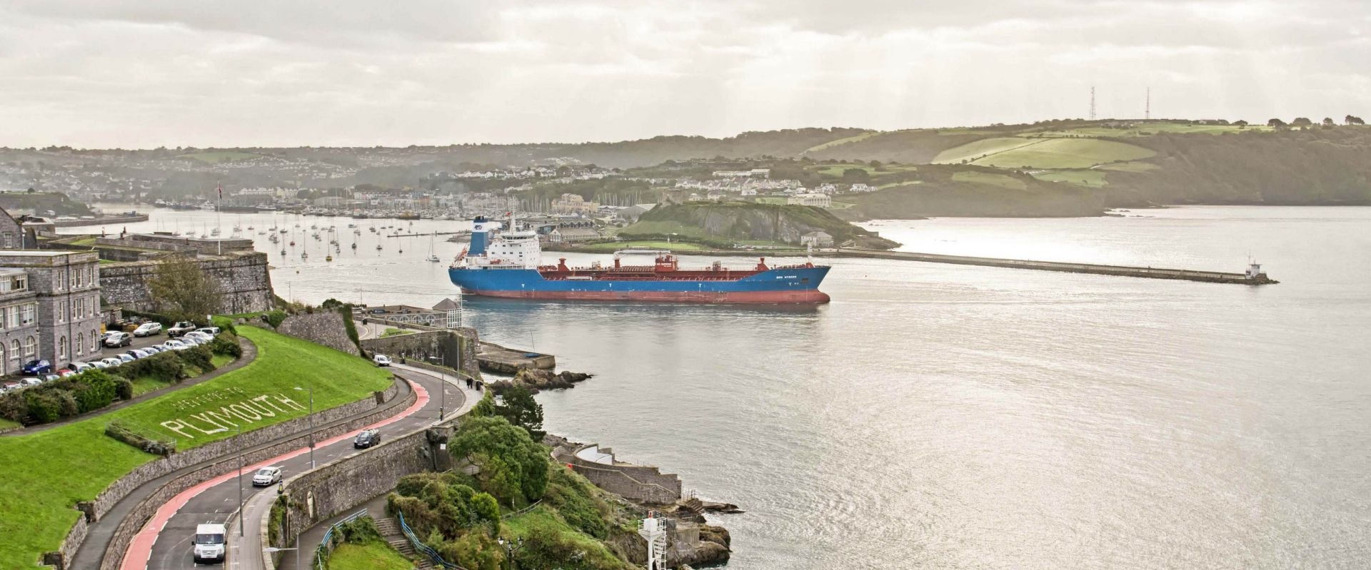 Ship leaving Plymouth in Devon